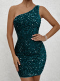 Glittering Sequined One Shoulder Bodycon Dress - Flattering Slim Fit for Nightlife & Parties - Fashionable Womens Mini Dress