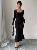 Bodycon Square Neck Mermaid Hem Dress, Elegant Long Sleeve Dress For Spring & Fall, Women's Clothing
