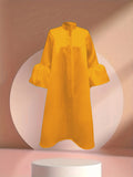 Plus Size Button Front Solid Dress, Elegant Mock Neck Ruffle Cuff 3/4 Sleeve Dress, Women's Plus Size Clothing