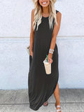 Zjkrl  -  Womens Fashionable Crew Neck Asymmetrical Maxi Dress - Sleeveless & Split Design, Effortlessly Chic for Summer Beach Vacations - A Must-Have Womens Clothing Staple