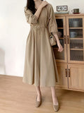 Stylish Solid Color Tie Waist Midi Dress - Women's Long Sleeve Pocket Dress for Spring & Fall - Korean Inspired, Zip Up Collared, Comfortable and Versatile Clothing for Ladies