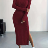 Zjkrl  -  Long Sleeve Bodycon Ribbed Knit Dress - Sexy Crew Neck Split Thigh Slim Fit with Mid Elasticity - Machine Washable Polyester Fabric for Fall/Winter Season