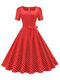 Summer Vintage Chic Polka Dot Dress – Elegant Square Neck, Knee-High with Belt, Breathable Cotton Blend – Easy Care