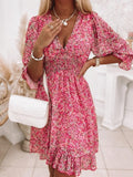 Women's Dresses Puff Sleeve Floral Print Ruched Waist V-Neck Boho Dresses