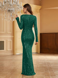 Long Sleeve Sequin Ruched Mermaid Bodycon Dress - Elegant V-Neck Plunging Split Evening Gown for Women - Hand Washable, Micro Elastic, Solid Color, Customized, All-Season Party & Banquet Outfit