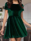 Elegant Velvet Dress - Fitted Solid Waist, Ruffled Hem, Short Sleeves, Classic Crew Neck - Exuding Sophistication, Designed for Womens Clothing
