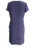 Layered Trim Crew Neck Dress, Elegant Short Sleeve Dress For Spring & Summer, Women's Clothing