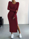 Zjkrl  -  Long Sleeve Bodycon Ribbed Knit Dress - Sexy Crew Neck Split Thigh Slim Fit with Mid Elasticity - Machine Washable Polyester Fabric for Fall/Winter Season