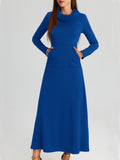 Elegant Long Sleeve Maxi Fit and Flare Dress with Pockets - Soft High Elasticity Polyester Fabric, Solid Color, Cowl Neck, Comfortable for All Seasons - Womens Everyday Wear