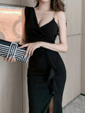 Stunning Asymmetric Backless Dress - Solid Chain Detail, Sleeveless, Split Thigh, Elegant Party Dress for Women - Perfect for Formal Occasions, Night Out, Clubbing, and Special Events
