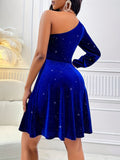 Women's Elegant One-Shoulder Velvet Dress 1008, Long Sleeve, Short Length, Solid Color, Sequin Detail, Polyester & Spandex Blend, Fall/Winter Fashion, No Padding, No Belt