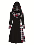 Chic Plaid Hooded Dress - Long Sleeve A-Line Style with Trendy Splicing - Perfect Casual Wear for Women - Autumn/Winter Fashion Staple