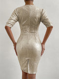 Glitzy Sequin Evening Dress - Flattering V Neck, Half Sleeves, Side Split - Glamorous Party & Clubwear for Women