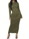 Drawstring Hooded Dress, Casual Long Sleeve Bodycon Maxi Dress, Women's Clothing