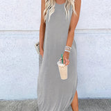 Zjkrl  -  Womens Fashionable Crew Neck Asymmetrical Maxi Dress - Sleeveless & Split Design, Effortlessly Chic for Summer Beach Vacations - A Must-Have Womens Clothing Staple