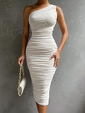 Elegant One Shoulder Ruched Bodycon Dress, Sleeveless Slim Fit Party & Banquet Dress for Women