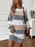 Women's Color Block Fuzzy Knitted Mini Dress - Elegant Drop Shoulder, Lantern Sleeve, Crew Neck, Perfect for Fall & Winter Season