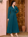 Solid V Neck Dress, Elegant Long Sleeve Shirred Waist Dress, Women's Clothing