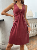 Zjkrl  -  Vibrant Solid Color Twist Front Knit Dress - Elegant V-Neck Sleeveless Polyester Dress for Women - Customized Summer Fashion with Micro Elasticity and No Printing