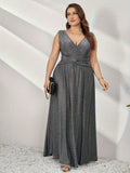 Plus Size Sparkling V-neck Formal Dress - Elegant Sleeveless A-line Ball Gown for Party, Banquet, and Special Occasions, Women's Plus Size Clothing with Glamorous Details