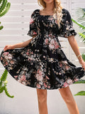 Charming Floral Print Dress with Adjustable Shirred Waist - Chic Short Sleeve Square Neck Design for Women - Perfect Casual Style