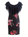 Vibrant Floral Print Ruffle Trim Bodycon Mini Dress - Scoop Neck, Short Sleeve, Casual Beach Summer Wear - Women's Fashion Clothing for Warm Weather