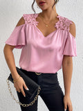 Lace Splicing Cold Shoulder Blouse, Elegant Flutter Sleeve V-neck Blouse For Spring & Summer, Women's Clothing