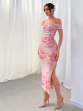 Elegant Backless Off Shoulder Floral Print Dress for Party & Banquet, Women's Clothing