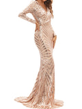 Long Sleeve Sequined Mermaid Fit and Flare Dress - Elegant V-neck, Geometric Pattern, Regular Sleeve, No Elasticity - Perfect for Wedding, Evening, Party, Banquet, Occasion, Engagement, and Ceremony