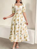 Charming Floral Print Square Neck Aline Dress - Flirty Short Sleeves with Ruffle Trim, Timeless Style for Spring & Summer - Feminine, Elegant Womens Clothing