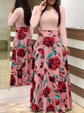 Floral Print Long Sleeve Dress, Elegant Crew Neck Pleated Maxi Dress, Women's Clothing