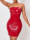 Solid Faux Leather Tube Dress, Elegant Sleeveless Bodycon Mini Dress, Women's Clothing