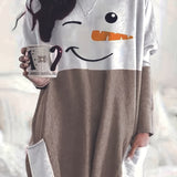 Zjkrl  -  Plus Size Christmas Dress - Adorable Festive Snowman Print Long Sleeve Round Neck Tee Dress with Convenient Pockets for Curvy Women