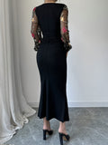 Elegant Women's Contrast Mesh Splicing Bodycon Dress with V Neck and Long Sleeves for Spring & Fall