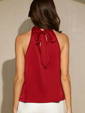 Chic Mock Neck Pleated Solid Tank Top - Women's Elegant Sleeveless Tank - Spring & Summer Essential, Back Knot Detail, Flowy Relaxed Fit, Soft Fabric, Perfect for Casual Wear