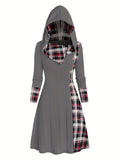 Chic Plaid Hooded Dress - Long Sleeve A-Line Style with Trendy Splicing - Perfect Casual Wear for Women - Autumn/Winter Fashion Staple
