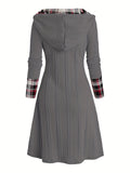 Chic Plaid Hooded Dress - Long Sleeve A-Line Style with Trendy Splicing - Perfect Casual Wear for Women - Autumn/Winter Fashion Staple