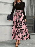 1pc Vintage Style Women'S Long Knit Dress with Floral Print and Contrast Color Puff Sleeves, Round Neck, Polyester, Loose Fit Skirt, Two-Tone Design for Autumn/Winter