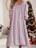 Long Sleeve Plus Size Women's Solid Fleece Drawstring Hooded Dress With Pockets