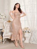 Elegant Off-Shoulder Sequin Dress with Ruffle Hem and Asymmetrical Split - Polyester, V-Neck, Mid-Length for Women