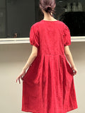 Zjkrl  -  Vibrant Color Crew Neck Chic Dress - Women's A-line Dresses with Short Sleeves, Cinched Waist, Minimalist Design for Spring & Summer, Elegant Casual Wear for Ladies