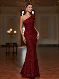 Long One Shoulder Sequin Bodycon Dress - Elegant Sleeveless Mermaid Hem, Contrast Sequin, Micro Elasticity, Hand Wash, Customized, Solid Color, All-Season Party & Banquet Dress for Women