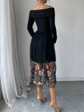 1pc Elegant Off-Shoulder Floral Embroidery Mesh Panel Summer Dress for Women, Polyester Knit Fabric, All-Season Fashion