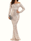 Mother of the Bride Mermaid Dress - Elegant Off Shoulder Graphic Pattern Bodycon Dress for Party, Banquet, and Special Occasions, Slim Fitting, Women's Formal Clothing