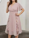 Floral Pattern High Waist Dress, Elegant Surplice Neck Flutter Sleeve Dress, Women's Clothing For Elegant Dressing