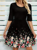 Chic Floral Print Casual Dress for Women - Short Sleeve, Crew Neck, Bodycon Fit, Machine Washable - Perfect for All Seasons