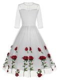 Vintage Chic Rose Embroidered Cocktail Dress - Fitted, Crew Neck, Tea-Length, 100% Polyester Knit Fabric, Elegant 50s Style, All-Season Wear, Embroidery Floral Pattern, High-Quality Stitching, Comfortable Fit, Ideal for Forma