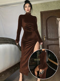 Chic Ruched Split Thigh Dress - High Collar, Long Sleeve, Solid Hue, Elegant Party Wear for Women - Fashionable & Form-Fitting