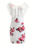 Vibrant Floral Print Ruffle Trim Bodycon Mini Dress - Scoop Neck, Short Sleeve, Casual Beach Summer Wear - Women's Fashion Clothing for Warm Weather