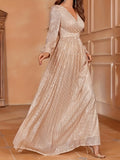Elegant Sequin V-Neck Maxi Dress with High Waist - Long Sleeve, Floor-Length Evening Gown for Women